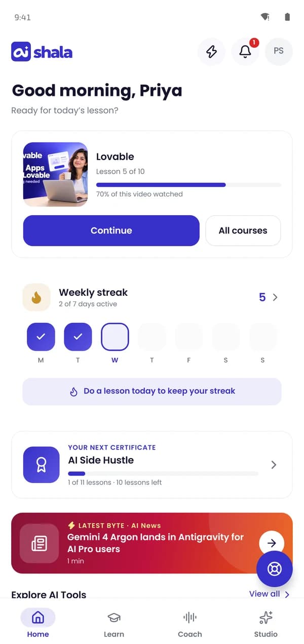AIshala Android app home screen